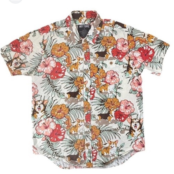 Hot Topic Tropical Corgi Vibe Button Shirt Hawaiian Tiki Surf Floral Medium - Picture 4 of 8